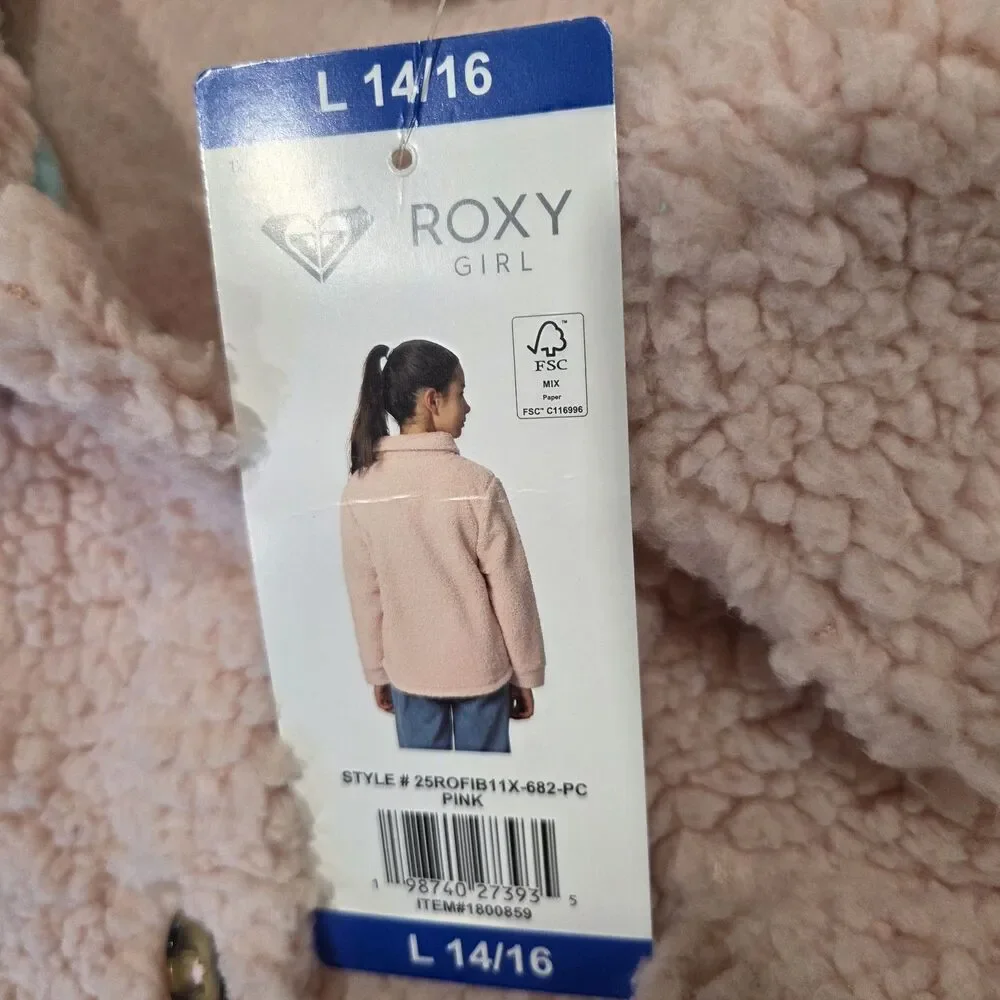 ROXY Girl Fleece Sherpa Shacket Jacket Pink Button Front Pockets Size‎ L